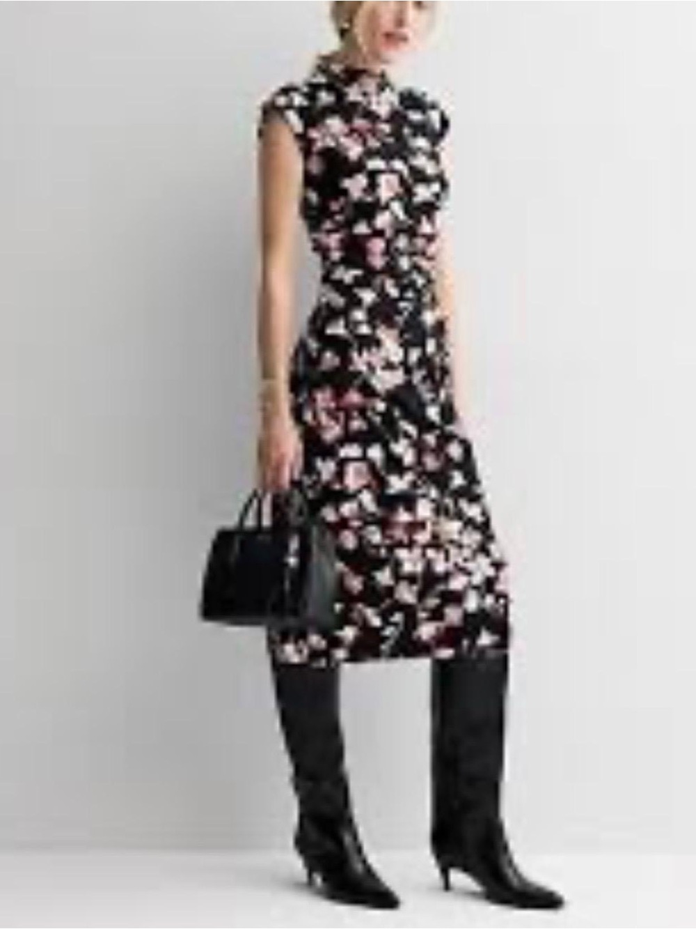 Nine West Black Midi Dress with Pink and White Floral Print